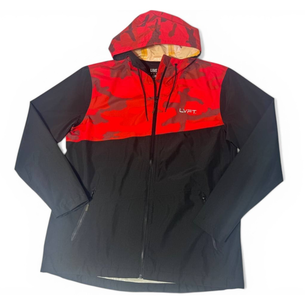 Live Fit LVFT Windbreaker Jacket Mens Large Red Black Camo Hooded Zip
